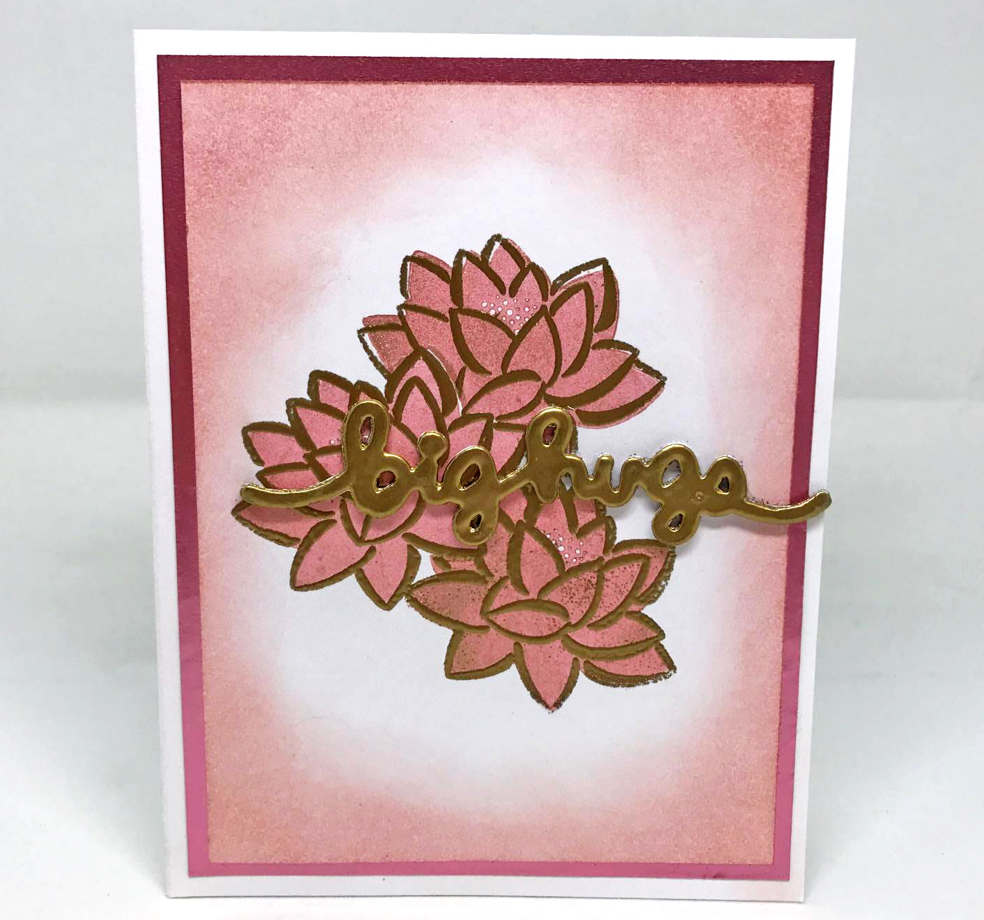 Handmade card usng Tsukineko's Delicata Rose Gold Ink and a die cut sentiment 